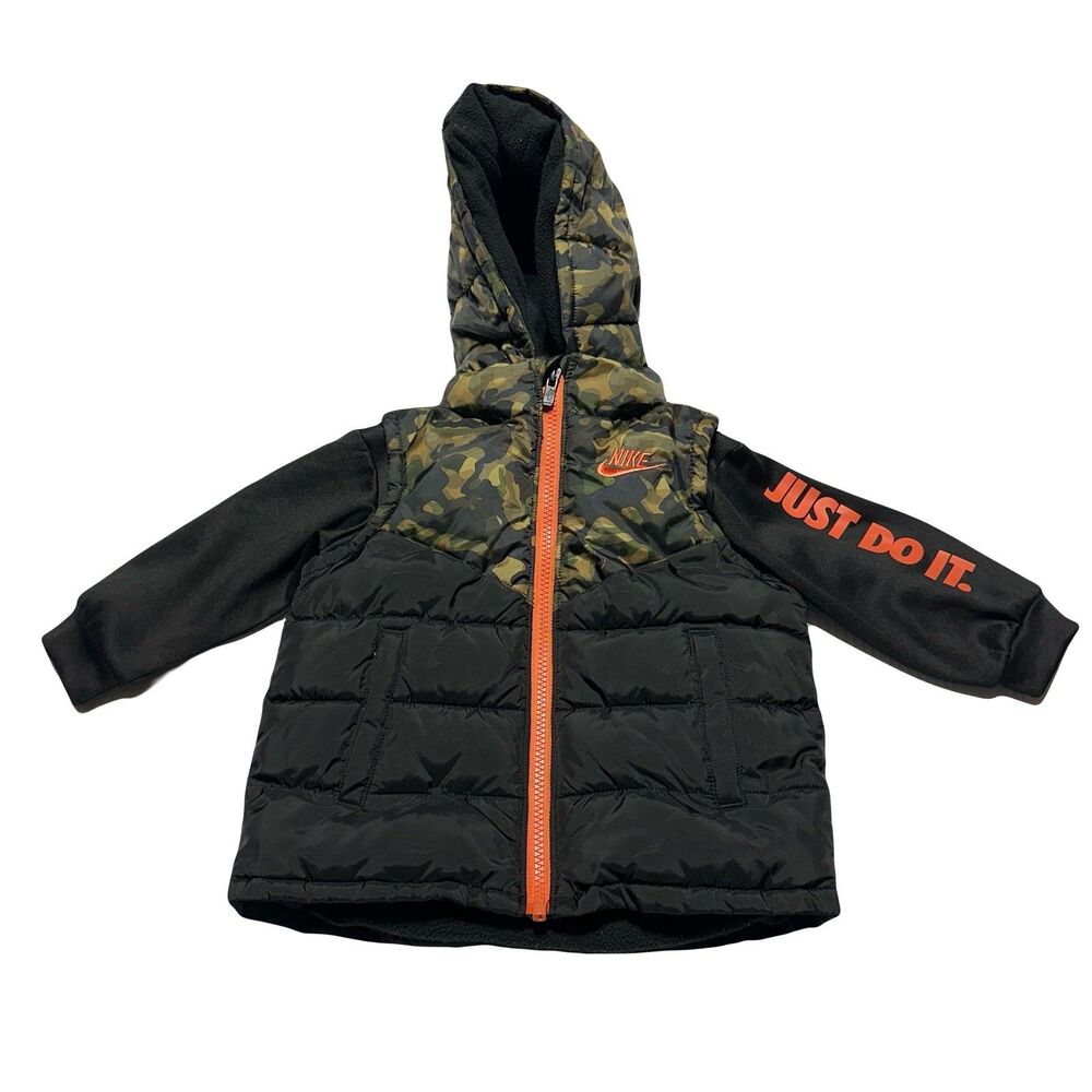 Nike Boy's Hooded Puffer Jacket Vest Fleece Lined Camo/Black Toddler Size 24 M